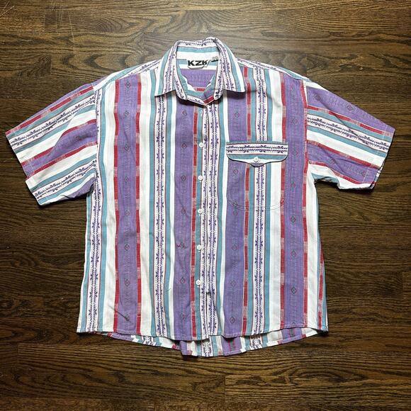 Vtg KZK Shirt Men Large Purple Southwestern Stripe Short Sleeve Button Up Retro - Picture 1 of 9